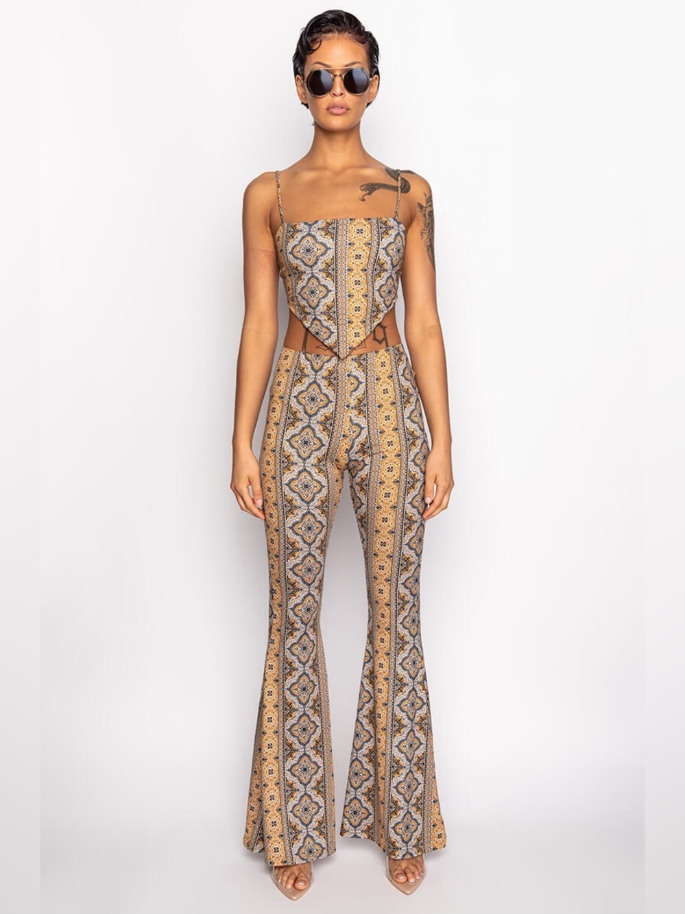 Amable Forbidden Boho Medallion Print Matching Set Bell Bottom Flare Pants Small - Picture 1 of 13